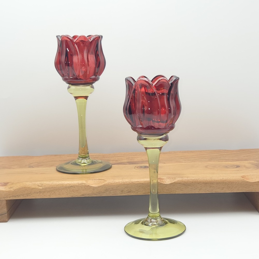 Cupcakes and Cashmere Red Glass Tulip Tea Light Candle Holder 7.5" Set of 2